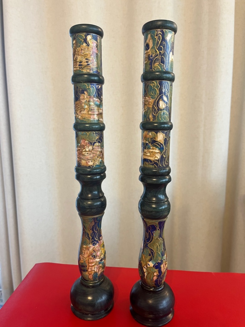2 Vintage 1970's Aviva Haezrachy Jerusalem Wood Hand Painted Candlesticks 16"H